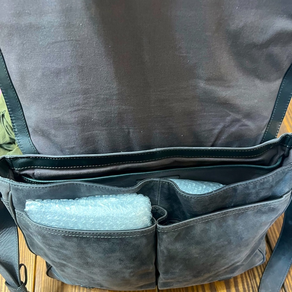 Frye suede leather messenger laptop bag.